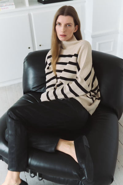 Pull en coton avec col cheminé TenleyIW - avoine / noir Québec Canada