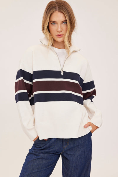 Pull col polo zippé Idris - rayures crème Gentle Fawn Québec, Canada